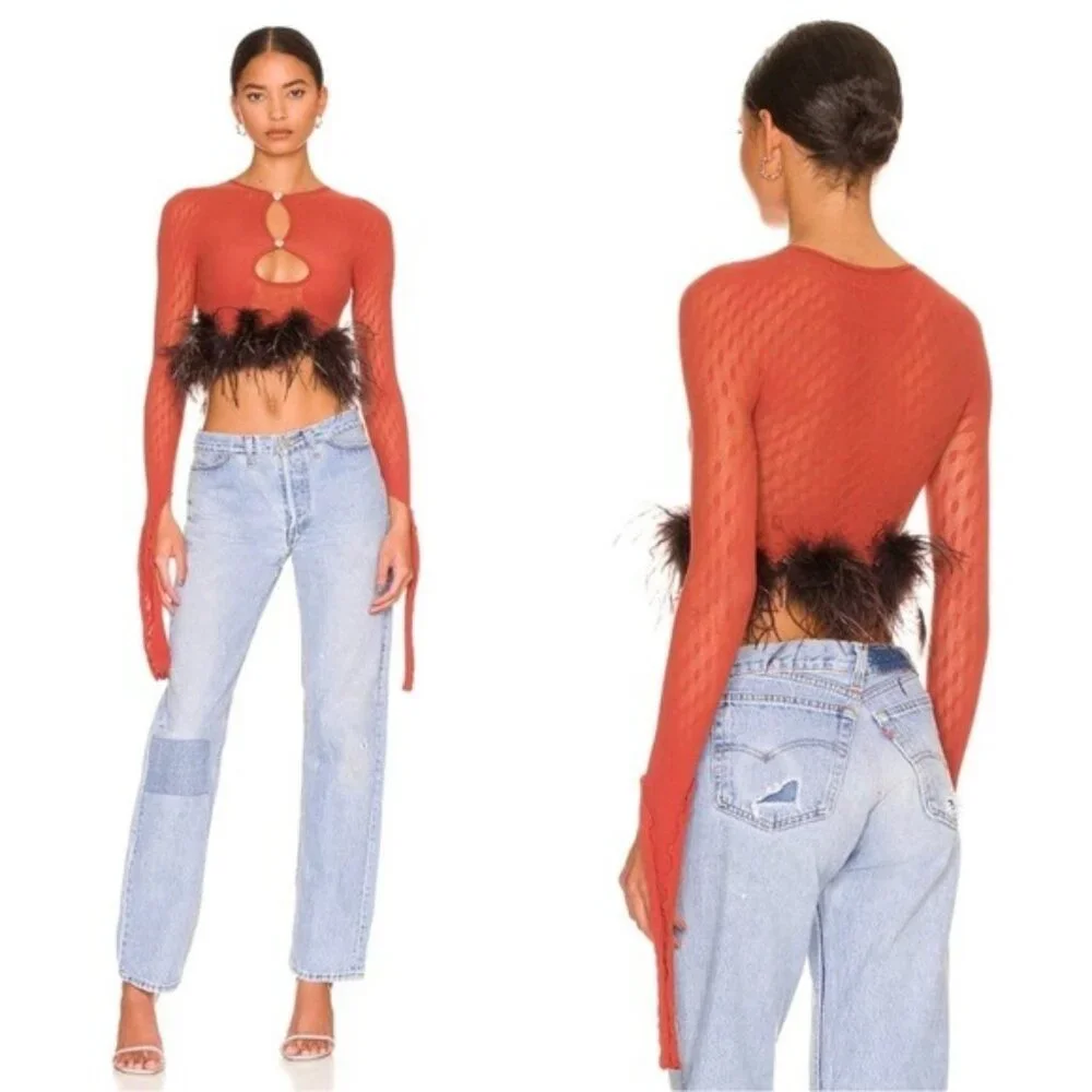 Poster Girl Mira Cutout Top OS Burnt Henna Chocolate Brown Ostrich Feathers Crop